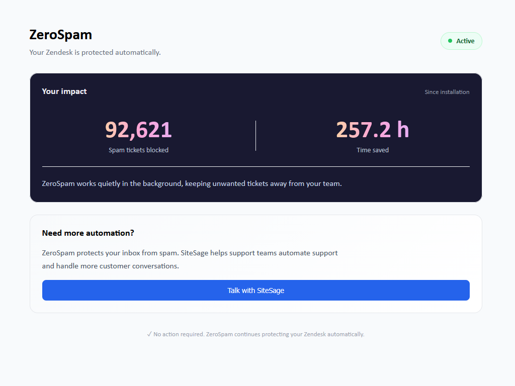 ZeroSpam primary marketing image — AI and Bots app on the Zendesk Marketplace